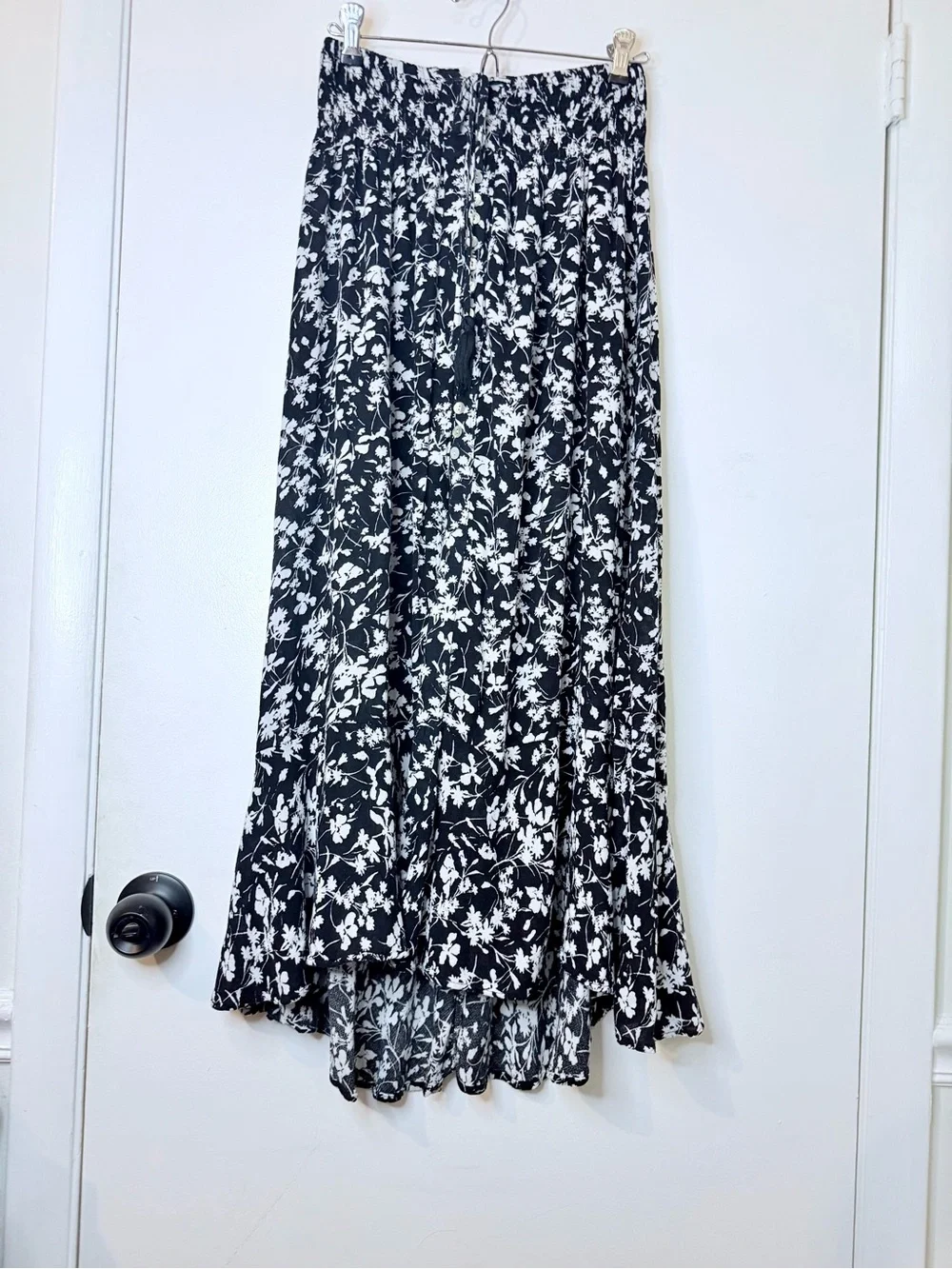 Rachel Zoe Boho Maxi Skirt  S Black Floral Smocked Waist  Button Up Cottagecore